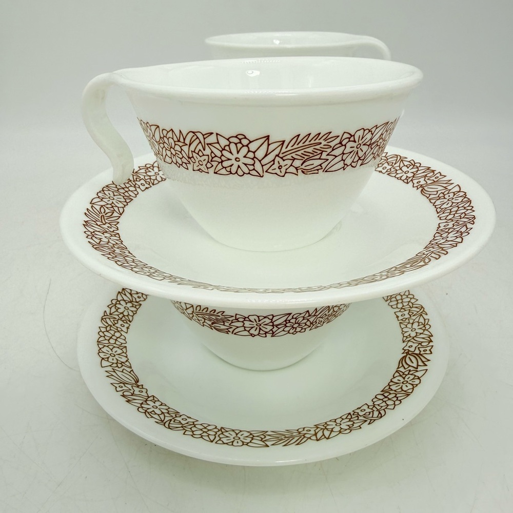Set of 4 Vintage Corelle Woodland Brown Cup & Saucer | 1970s Floral